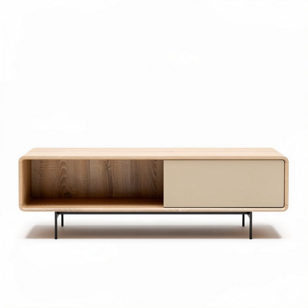 Wooden media console with storage drawer in natural finish 100 x 40 x 40cm