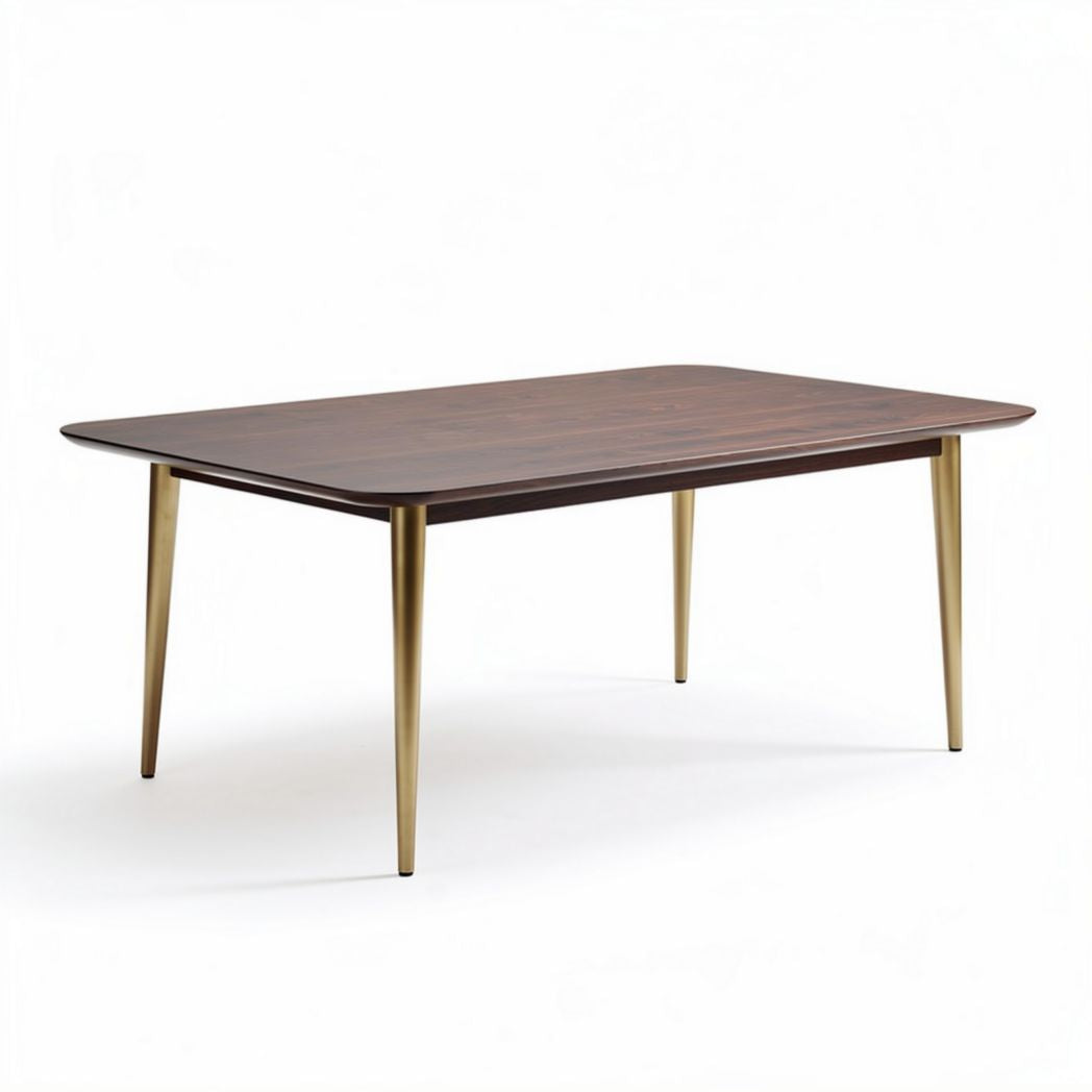 Mid-century modern dining table in walnut wood with gold metal legs 180 x 90 x 75cm